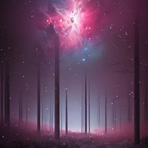 Image similar to A dark forest in the night from where you can see the Orion Nebula in the sky, digital illustration highly detailed, elegant, faint dynamic lighting, 4K