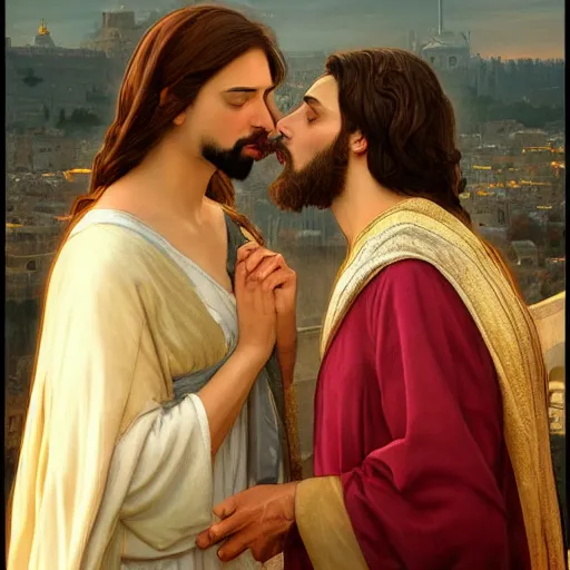 Image similar to jesus kissing a sensual woman in jerusalem, elegant, highly detailed, digital painting, artstation, concept art, matte, sharp focus, highly detailed, 4 k, hdr, smooth, sharp focus, high resolution, award - winning photo, photorealistic, art by artgerm and greg rutkowski and alphonse mucha, large shot