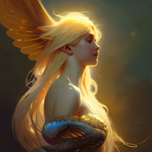 Prompt: A girl with blonde hair, glowing halo, huge highly detailed wings, fantasy, intricate, elegant, highly detailed, digital painting, artstation, concept art, smooth, sharp focus, illustration, art by Krenz Cushart and Artem Demura and alphonse mucha