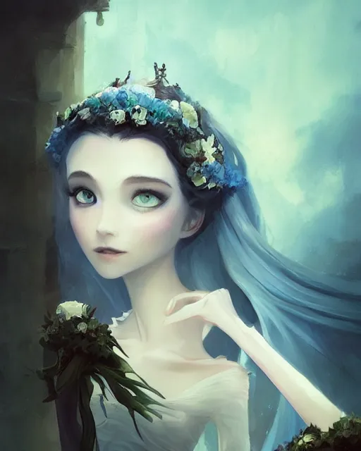 Image similar to elegant mysterious solemn victoria everglot from the corpse bride, portrait, illustration, rim light, top light, summer clear blue sky, perfectly shaded, soft painting, art by krenz cushart and wenjun lin