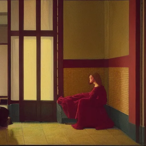 Prompt: a a lonely girl in a liminal room, film still by wes anderson, depicted by velazquez, limited color palette, very intricate, art nouveau, highly detailed, lights by hopper, soft pastel colors, minimalist