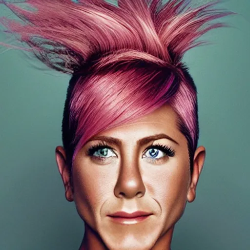 Prompt: portrait of a beautiful 20-year-old Jennifer Aniston cyberpunk pink hairstyle by Mario Testino, headshot, detailed, award winning, Sony a7R