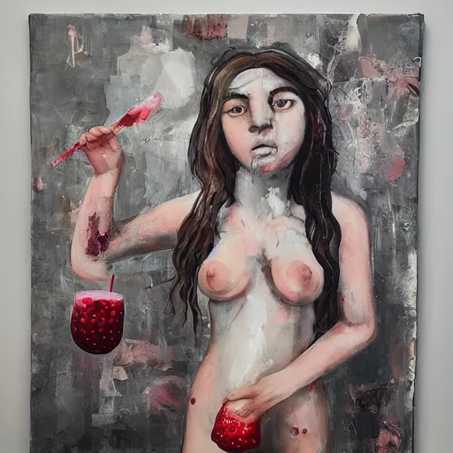 Prompt: “ a portrait in a female art student ’ s apartment, sensual, a pig theme, pork, half - finished sculpture, sculpture work in progress, a candle dripping white wax, clay, squashed berries, berry juice drips, acrylic and spray paint and oilstick on canvas, surrealism, neoexpressionism ”