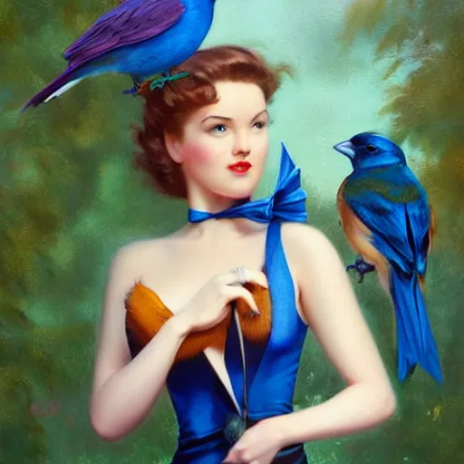 Prompt: hyper realistic painting, tasteful pinup girl holding an indigo bunting, bird, the bird is wearing a bowtie, by greg rutkowski, highly detailed, digital illustration, rossdraws, gil elvgren, enoch bolles, anime, porcelain skin, very coherent