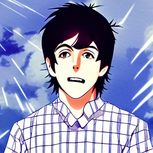 Image similar to anime illustration of young Paul McCartney from the Beatles, wearing a blue check shirt, long sideburns, on a yacht at sea, smiling at camera, ufotable