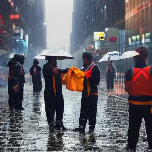 Image similar to closeup portrait of a group of cleaners fighting puddles traffic in rainy new york street, by Steve McCurry and David Lazar, natural light, detailed face, CANON Eos C300, ƒ1.8, 35mm, 8K, medium-format print