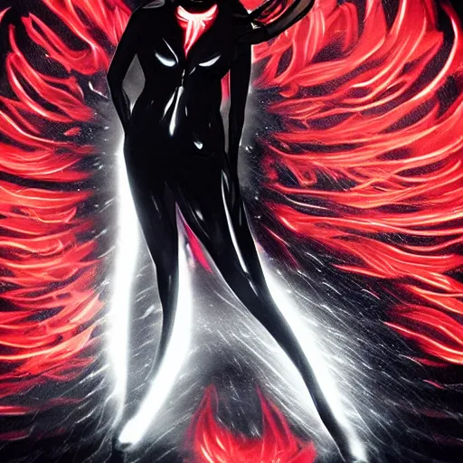 Image similar to Woman made of black flames, wearing a strict business suit, with no face, with glowing red eyes, with a red halo over her head, with red halo glowing out of her wrists, looking off to the side, growing out of a giant rose, rose petals flying in the wind, war, authoritarian, tense, madness combat, strong dramatic cinematic lighting , blood red sky, grey skin, smooth, sharp focus, extremely detailed, illustration, digital painting, artstation, indieground, sharp focus, by Godmachine, alphonse mucha''