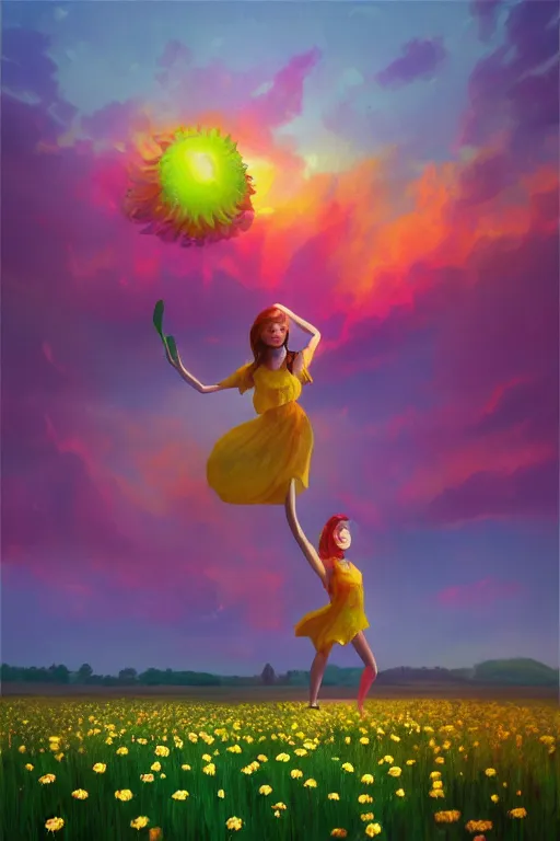 Image similar to giant daisy flower as head, girl dancing in a flower field, surreal photography, sunrise, dramatic light, impressionist painting, colorful clouds, digital painting, artstation, simon stalenhag