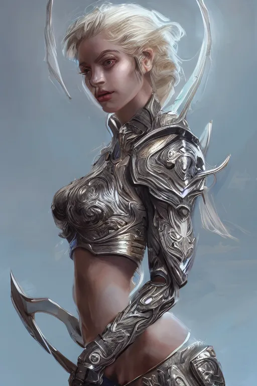 Image similar to three-quarters portrait pose of a beautiful woman, slim body, shining armor, human warrior, fantasy, intricate, elegant, highly detailed, digital painting, artstation, concept art, matte, sharp focus,D&D, illustration, art by Stanley Lau