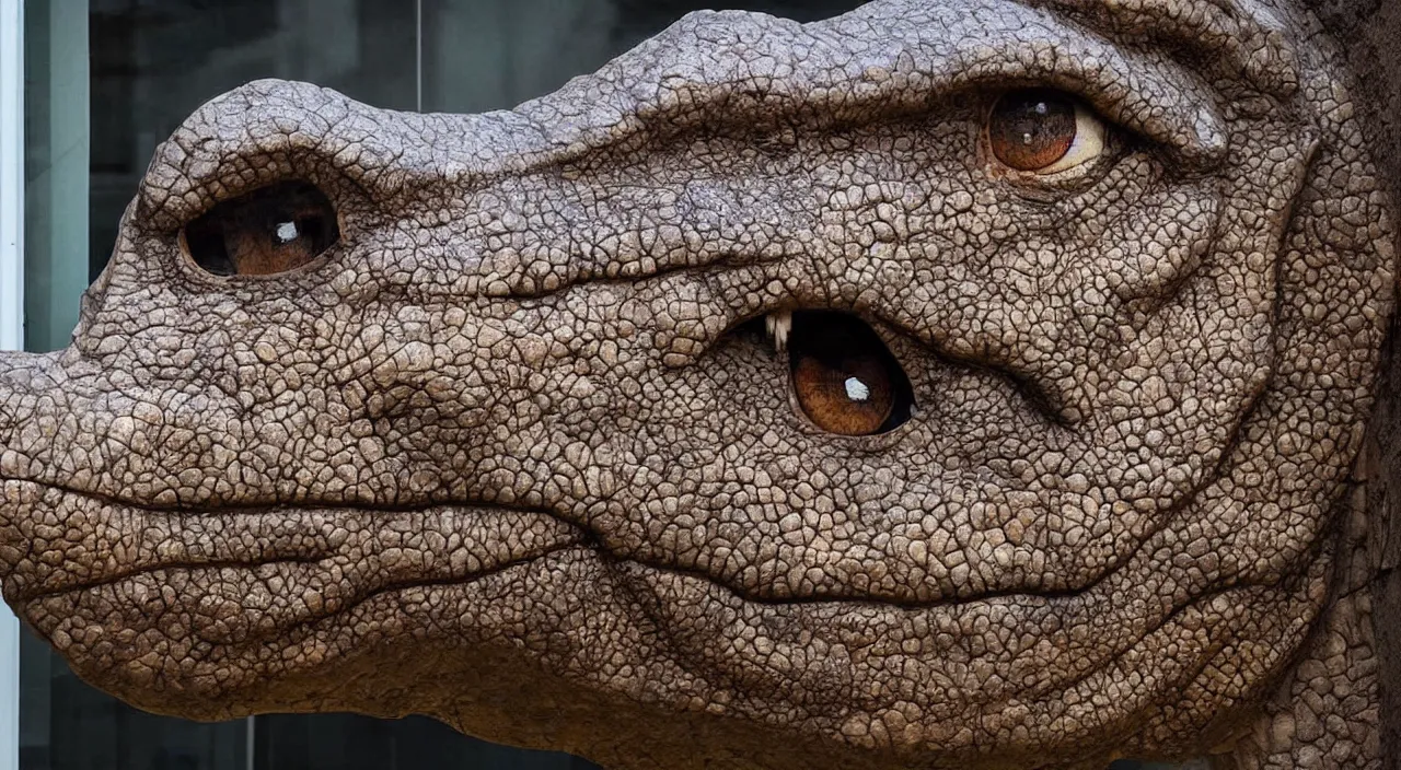 Prompt: Huge T-rex head outside close to the window, the eyes are open and intense , dark, scary