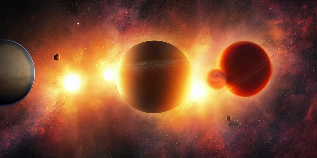 Image similar to realistic scene of 2 planets collide, explosion, 1 4 5 0, ink, ultra realistic, 8 k