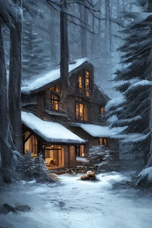 Prompt: snowy cozy home in a forrest by a small river in canada, by philippe gare, artstation, greg rutkowski