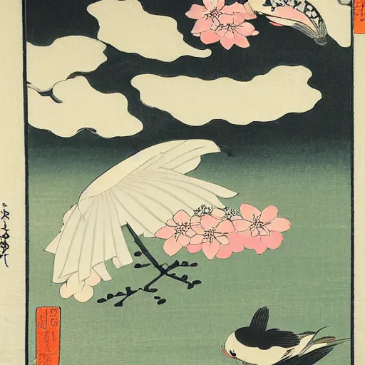 Image similar to a painting of flowers and a bird flying over a koi pond, a silk screen by ohara koson, pixiv contest winner, ukiyo - e, ukiyo - e, creative commons attribution, woodcut