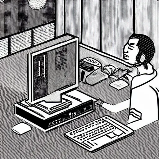 Image similar to a man wearing samurai armor using a vintage computer from 1 9 9 7 with a crt monitor, at his desk in his office, isometric view, illustration, graphic design