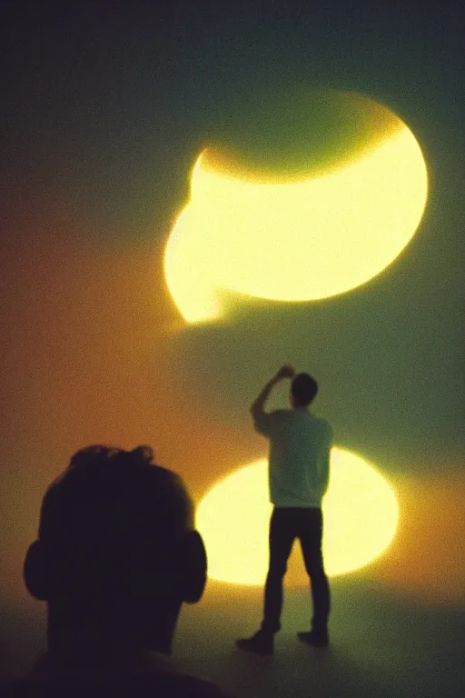 Image similar to kodak color plus 2 0 0 photograph of a guy looking into a bright otherworldly swirling glowing portal, back view, vaporwave colors, grain, moody lighting, moody aesthetic,