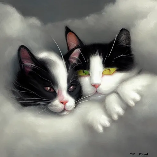 Image similar to a black and white cat and a calico cat sleeping peacefully together in cat heaven, puffy clouds, dreamy, painted by Tyler Edlin