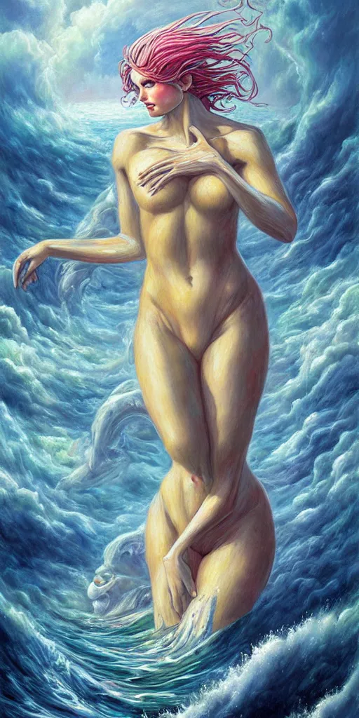 Prompt: concept art of the most beautiful titan woman emerging from the ocean and touching a cloudy sky hannah yata pascale blanche wide angle