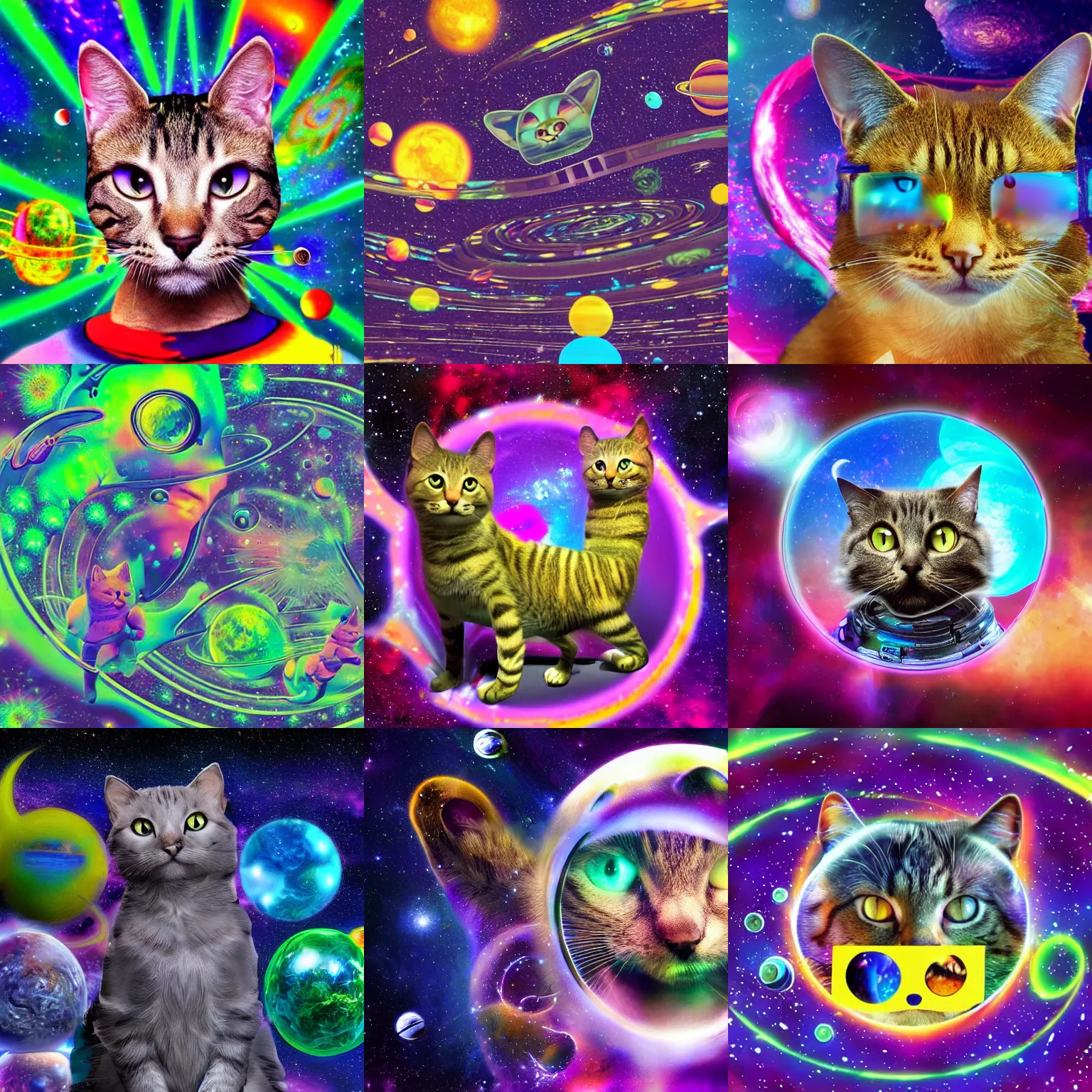 Prompt: space cats on a other world, 90s techno vibe, trippy and fun, weed, 4K hyper realistic