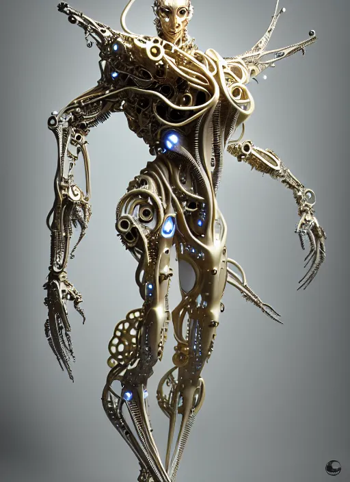 Prompt: abstract organic cyborg ornament in fluid creature, white and gold biomechanic plastic, glow lighting, fantasy, intricate, elegant, highly detailed, lifelike, photorealistic, octane render, 3d, concept art, smooth, sharp focus,