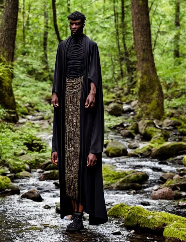 Prompt: longshot modern intricate textile ancient roman toga cloak nature black skin man walking along small creek river in the woods marc jacobs gucci pearl beads eggshell