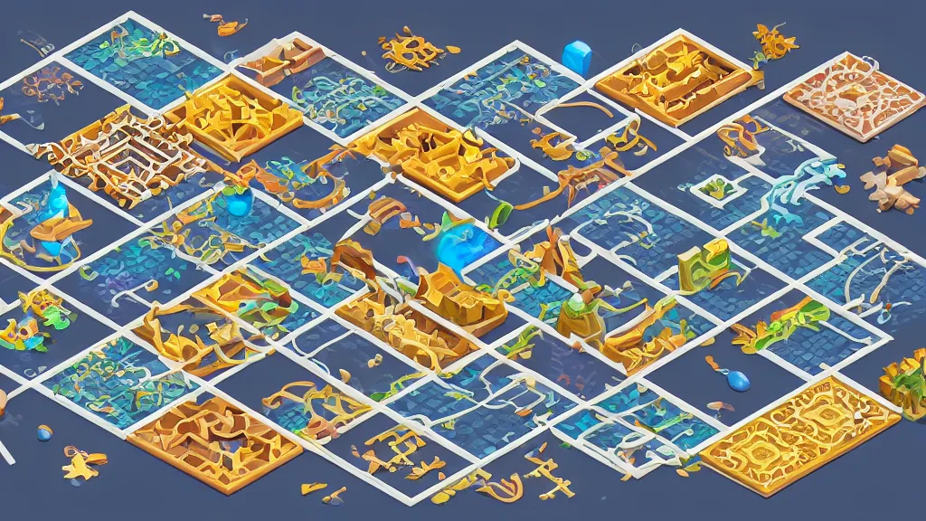 Image similar to sketched seasonable change isometric puzzle game, intricate design change