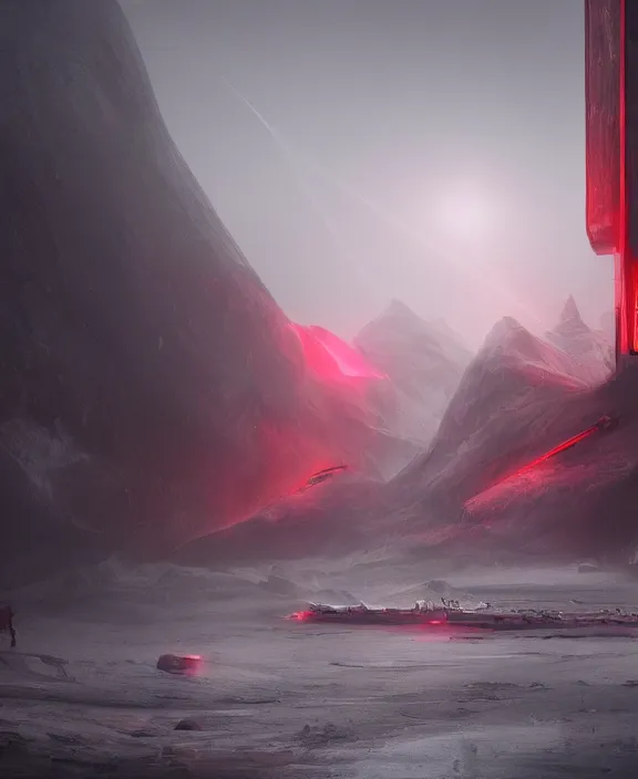 Image similar to surreal romantic prometheus horizontal white exploration base, red laser, building architecture by ruan jia, futuristic, blame, white architecture in the beach in iceland, foggy, highly detailed, digital painting, arstation, concept art, hyperealistic octane render, unreal engine