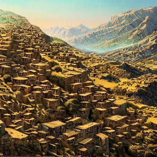 Image similar to kurdish village atop a mountain art by martin ansin, highly detailed, 8 k, high resolution, award winning art, incredibly intricate