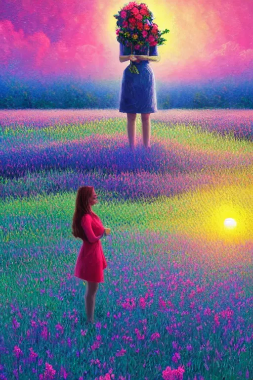 Prompt: girl with huge flower as a face, standing in a flower field, big trees, sunrise dramatic light, impressionist painting, colorful clouds, digital painting, pointillism, artstation, simon stalenhag