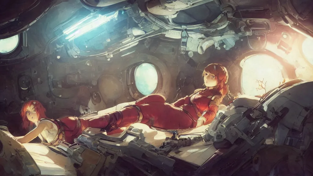 Prompt: high budget scifi hollywood film mechanic anime girl in oxygen mask sleeping in bed inside spaceship, trending on pixiv fanbox, painted by gaston bussiere, makoto shinkai, akihiko yoshida, gaston bussiere, craig mullins