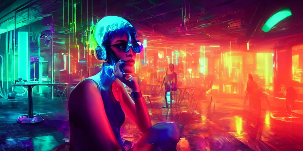 Image similar to beautiful digital drawing of a cyberpunk girl listening to music in a colourful club in KylieDeAmore style botoxed no nose realistic, octane render, hyperrealistic, high quality, highly detailed, artstation, HD, beautiful, cinematic, 8k, unreal engine, facial accuracy, symmetrical