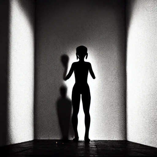 Image similar to boxer girl fighting her shadow in a creepy room, dark ominous