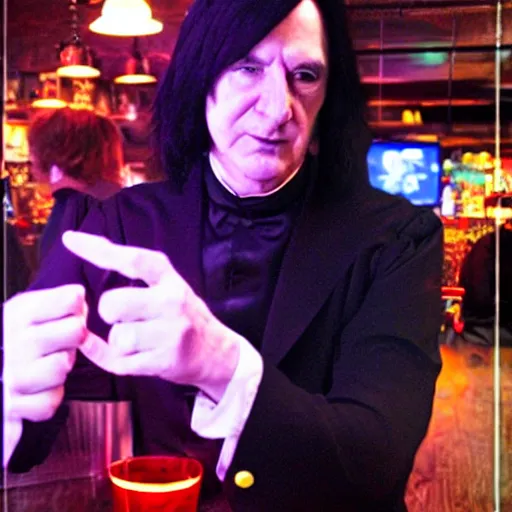 Prompt: Severus Snape dances in a bar, fish lens, neon, realistic, full body, very detailed, super realistic
