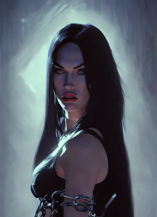 Image similar to portrait of megan fox as a evil demon, collar and leash, batwings, hell, dark, intricate, headshot, key visual, conceptart, ambient lighting, highly detailed, digital painting, artstation, concept art, sharp focus, by makoto shinkai and akihiko yoshida and greg manchess