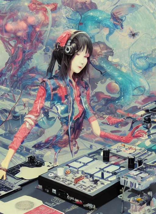 Prompt: surreal gouache painting, by yoshitaka amano, by ruan jia, by Conrad roset, by good smile company, detailed anime 3d render of a chemical flying Vinyl records close to the DJ Mixer, deck surrounded by chemical Dragonflies, Vinyl records, controller, portrait, cgsociety, artstation, rococo mechanical and Digital and electronic, dieselpunk atmosphere