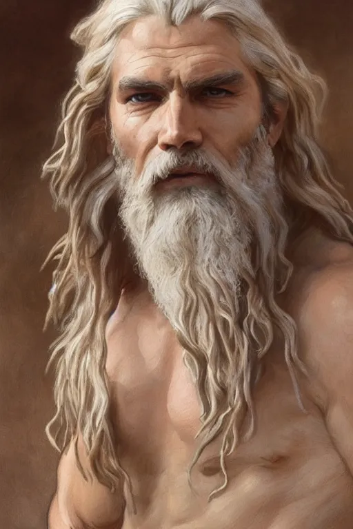 Image similar to painted portrait of rugged zeus, god of thunder, greek god, white hair, masculine, mature, handsome, upper body, flowy robe, muscular, hairy torso, fantasy, intricate, elegant, highly detailed, digital painting, artstation, concept art, smooth, sharp focus, illustration, art by gaston bussiere and alphonse mucha