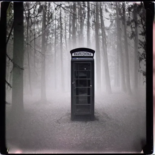 Image similar to a phone booth in the middle of a forest at night, dark, foggy, eerie, creepy, unsettling, lost footage, old polaroid, expired film,