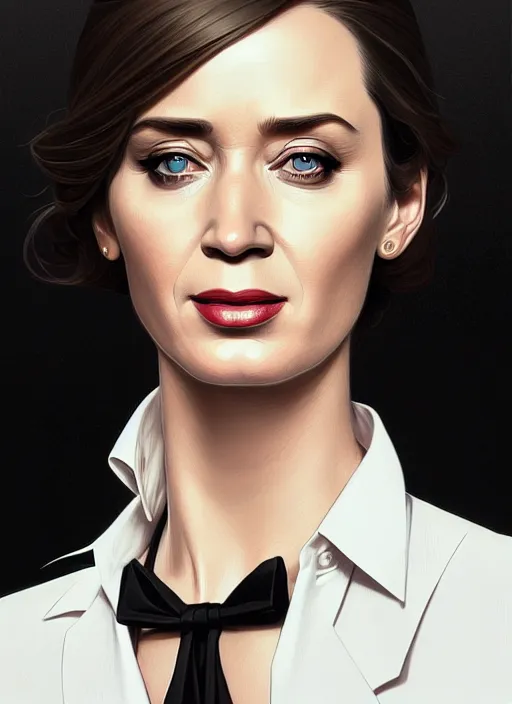 Prompt: portrait of emily blunt as business woman, black suit, white shirt, black tie, intricate, headshot, highly detailed, digital painting, artstation, concept art, sharp focus, cinematic lighting, illustration, art by artgerm and greg rutkowski, alphonse mucha, cgsociety