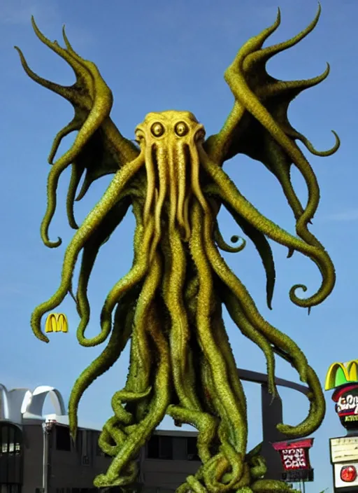 Image similar to cthulhu standing on top off mc donalds, cthulhu, mcdonalds, eldritch