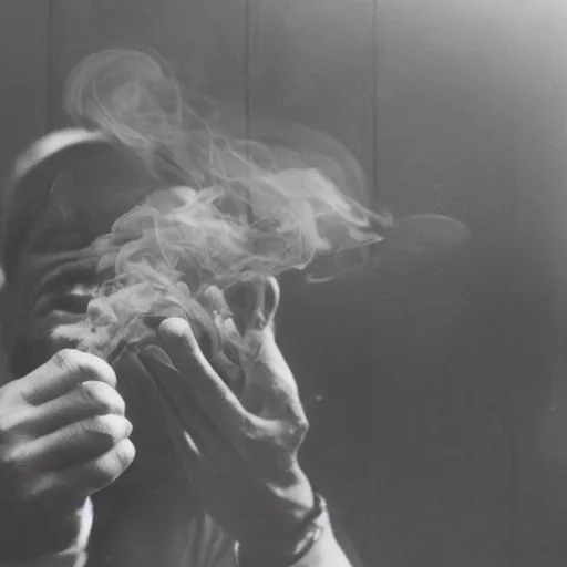 Prompt: photograph of a man in the process of transmuting into smoke