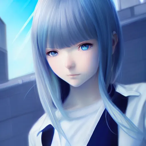 Image similar to high school girl split dimensions walking through reality ’ s, azure blue eyes, silver hair, digital anime art, ilya kuvshinov, artgerm