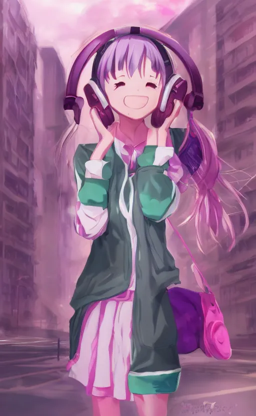 Prompt: anime girl with pink ponytail, wearing purple headphones, wearing a green sweater, with a smile on her face and her eyes closed, walking down a street, dynamic lighting, photorealistic fantasy concept art, trending on art station, very detailed, anime concept art, stunning visuals, creative, cinematic, ultra detailed