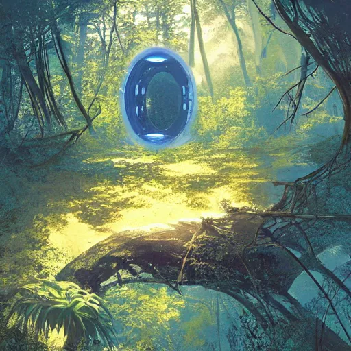 Image similar to floating derelict portal in a middle of a futuristic forest, world seen only through a portal, daylight, cinematic lighting, blue sky, syd mead, john harris