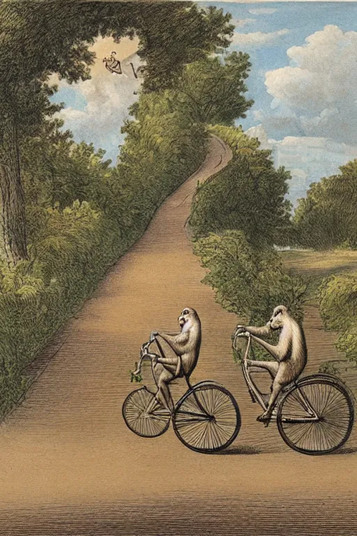 Image similar to two monkeys riding a tandem bicycle down a winding road, drawn by Nicholas John Frith