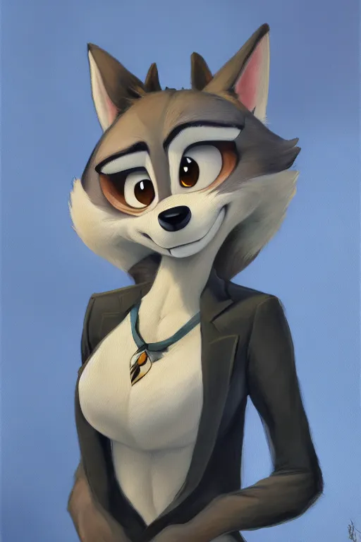 Image similar to oil painting of anthromorphic female wolf, in style of zootopia, female fursona, furry, furaffinity, 4 k, deviantart, furry art, fursona art, wearing black business suit, business suit, wolf fursona, female, smug expression,