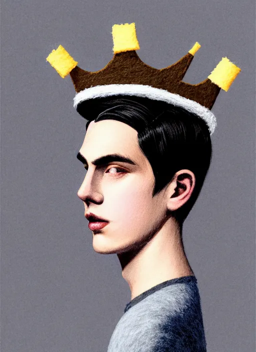 Image similar to portrait of teenage jughead jones wearing a light grey crown, photorealistic, crown made of felt fabric, crown, crown made of felt, black hair, intricate, elegant, highly detailed, digital painting, glowing lights, artstation, concept art, smooth, sharp focus, illustration, art by wlop, mars ravelo and greg rutkowski