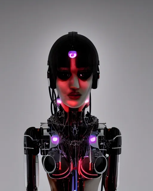 Prompt: 3 / 4 portrait photo of sensual dancer as a cyberpunk humanoid robotic head shoulder parts with straight bright led lights, inside white room, ultra - realistic and detailed, 8 k