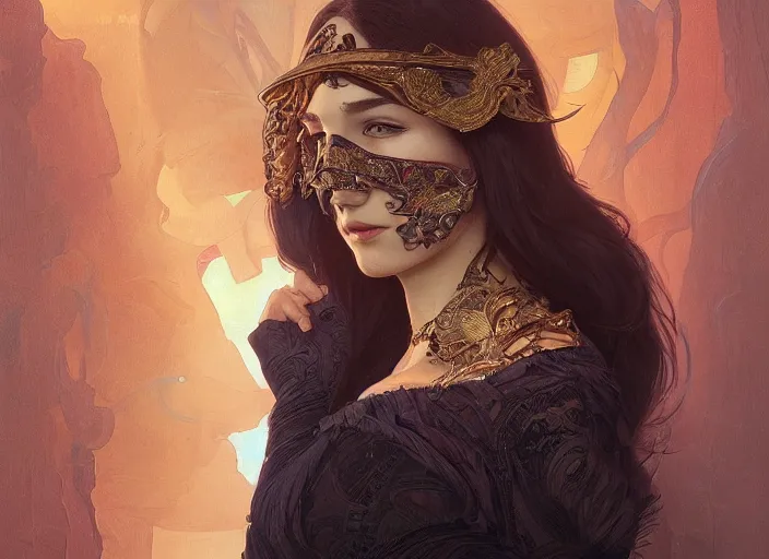 Prompt: masked, perfectly-centered-Portrait of the most beautiful woman on the planet , intricate, highly detailed, artstation, concept art, smooth, sharp focus, illustration, Unreal Engine 5, 8K, art by artgerm and greg rutkowski and alphonse mucha