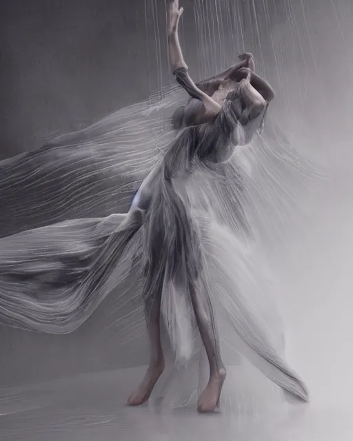 Image similar to mid shot render of an ethereal ghostlike figure fluid simulation in houdini dancing in dark smoke robes and silk veils by ilm, paolo roversi, nick knight, gill elvgren, beautiful futuristic simplified form distorted by turbulent movement, dark studio background, vivid depth, trending on artstation, hyperrealism, matte painting, dutch golden age, fine detail, cgsociety