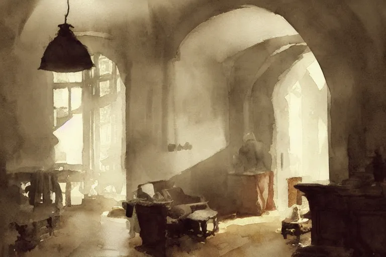 Prompt: abstract watercolor painting of hedonic scandinavian thief house interior, in stone, low ceiling, magical and traditional, cinematic light, national romanticism by anders zorn, by greg rutkowski, by greg manchess