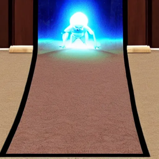 Image similar to portal door on the carpet opening to other dimensions, an alien coming out of the portal, scary